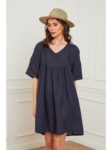 Joséfine Lniana sukienka "Dobby" w kolorze granatowym rozmiar: S. Niebieskie sukienki Joséfine, s, bez wzorów, ze lnu, bez kołnierzyka, bez ramiączek, midi. Za 109.26 zł.