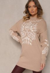Ciemnobeżowy Sweter z Wiskozą o Długim Kroju z Ozdobnym Haftem Adelithra. Brązowe swetry Renee, bez wzorów, z jeansu, bez ramiączek. Za 139.99 zł.
