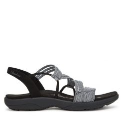 Sandały Skechers. Czarne sandały Skechers, bez wzorów, bez obcasa, na płaskiej podeszwie, bez zapięcia. Za 219.99 zł.