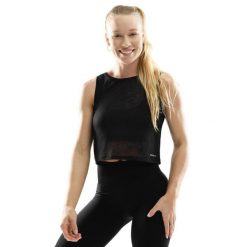 Damska treningowa koszulka crop top bez rękawów Fitness Siroko Beat. Czarne koszulki sportowe SIROKO, bez wzorów, z materiału, bez ramiączek, na fitness i siłownię. W wyprzedaży za 90.95 zł.
