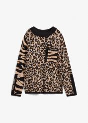 Sweter z cienkiej dzianiny ze wzorem w panterkę. Brązowe swetry bonprix, bez wzorów, z dzianiny, bez ramiączek. Za 147.99 zł.
