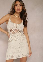 Beżowy Szydełkowy Top Bawełniany w Stylu Boho Ankeria. Brązowe topy Renee, l, z aplikacjami, z bawełny, bez kołnierzyka, bez ramiączek. Za 59.99 zł.