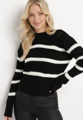 Czarny Sweter z Grubej Włóczki z Kontrastującymi Paskami Kilia. Czarne swetry Born2be, bez wzorów, z dzianiny, bez ramiączek. Za 89.99 zł.