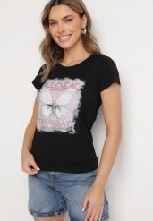 Czarny Bawełniany T-shirt z Nadrukiem Motyla i Cyrkoniami Uliriela. Czarne t-shirty Born2be, m, bez wzorów, z bawełny, bez kołnierzyka, bez ramiączek. Za 34.99 zł.