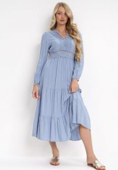 Niebieska Rozkloszowana Sukienka z Koronką Brightyn. Niebieskie sukienki Born2be, na imprezę, l, z aplikacjami, z koronki, bez kołnierzyka, bez ramiączek, maxi, rozkloszowane. Za 89.99 zł.