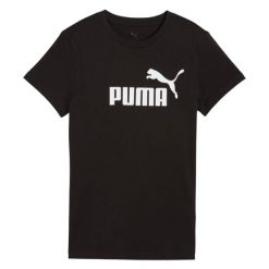 T-shirt Damski Logo ESS No.1. Czarne t-shirty Puma, bez wzorów, bez kołnierzyka, bez ramiączek. Za 110.99 zł.