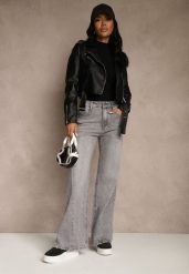 Szare Szerokie Jeansy z Bawełny High Waist Ozdobione Przetarciami Orryna. Szare jeansy Renee, l, bez wzorów, z podwyższonym stanem. Za 119.99 zł.