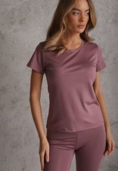 Fioletowy Klasyczny T-shirt o Gładkim Wykończeniu Rhethine. Fioletowe t-shirty Renee, l, bez wzorów, z jeansu, bez kołnierzyka, bez ramiączek. Za 39.99 zł.