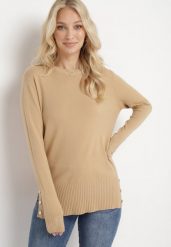 Beżowy Sweter Ozdobiony Guzikami i Rozcięciami na Dole Malioppe. Brązowe swetry Born2be, l, bez wzorów, z dzianiny, bez ramiączek. Za 79.99 zł.
