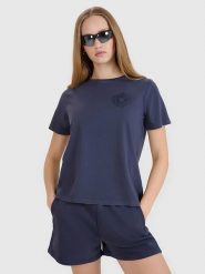 4F Koszulka w kolorze granatowym rozmiar: M. Niebieskie bluzki 4f, m, bez wzorów, z bawełny, bez kołnierzyka, bez ramiączek. Za 65.38 zł.