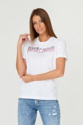 JUST CAVALLI Biały damski t-shirt R LOGO CRYSTAL, Rozmiar XL. Białe t-shirty Just Cavalli, s, bez wzorów, z bawełny, bez kołnierzyka, bez ramiączek. W wyprzedaży za 259.99 zł.