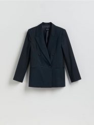 Dwurzędowa marynarka z dodatkiem wełny - granatowy. Niebieskie marynarki i żakiety Reserved, l, bez wzorów, z tkaniny. Za 359.99 zł.