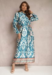 Niebieska Pudełkowa Sukienka Satynowa z Paskiem w Talii w Ornamentalny Print Tarosa. Niebieskie sukienki Renee, l, bez wzorów, z materiału, bez kołnierzyka, bez ramiączek, maxi. Za 119.99 zł.