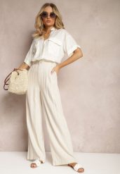 Beżowe Szerokie Spodnie High Waist z Lnu i Wiskozy Apoises. Brązowe spodnie materiałowe Renee, na co dzień, l, bez wzorów, z jeansu, z podwyższonym stanem, długie. Za 59.99 zł.