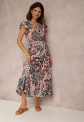 Różowa Sukienka Hesena. Czerwone sukienki Renee, na imprezę, na lato, l, bez wzorów, z materiału, boho, bez kołnierzyka, bez ramiączek, midi, kopertowe. Za 49.99 zł.