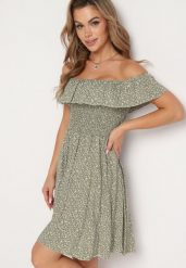 Ciemnozielona Bawełniana Sukienka z Hiszpańskim Dekoltem i Marszczoną Górą w Kwiaty Samorea. Zielone sukienki Born2be, na co dzień, m, bez wzorów, z bawełny, eleganckie, bez kołnierzyka, bez ramiączek. Za 39.99 zł.