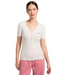 DAMSKA KOSZULKA LEE SS HENLEY ECRU 112333722. Bluzki Lee, m, bez wzorów, bez kołnierzyka, bez ramiączek. Za 79.99 zł.