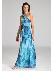 SWING Sukienka w kolorze turkusowo-niebieskim rozmiar: 46. Niebieskie sukienki Swing, bez wzorów, bez kołnierzyka, bez ramiączek, maxi, rozkloszowane. Za 347.99 zł.