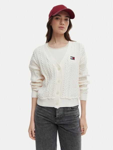 Tommy Jeans Kardigan DW0DW23024 Écru Regular Fit. Białe kardigany Tommy Jeans, m, bez wzorów, z bawełny. Za 345.99 zł.