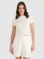 4F T-shirt slim z waflowej dzianiny damski - biały M. Białe t-shirty 4f, m, bez wzorów, z dzianiny, bez kołnierzyka, bez ramiączek. W wyprzedaży za 29.99 zł.