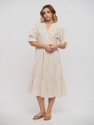 BLE Sukienka w kolorze beżowym rozmiar: onesize. Brązowe sukienki BLE, bez wzorów, z bawełny, bez kołnierzyka, bez ramiączek, midi, rozkloszowane. Za 131.74 zł.