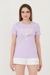 GUESS Lawendowy damski t-shirt bawełniany Icon Tee, Rozmiar XS. Fioletowe t-shirty Guess, s, z aplikacjami, z bawełny, bez kołnierzyka, bez ramiączek. W wyprzedaży za 169.99 zł.