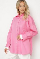 Fuksjowa Klasyczna Koszula z Bawełny o Kroju Oversize Ronavelle. Czerwone koszule Born2be, uniwersalny, bez wzorów, z bawełny, biznesowe, bez kołnierzyka, bez ramiączek. Za 99.99 zł.
