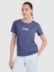 4F T-shirt regular z nadrukiem damski - granatowy S. Niebieskie t-shirty 4f, s, bez wzorów, z bawełny, bez kołnierzyka, bez ramiączek. Za 59.99 zł.