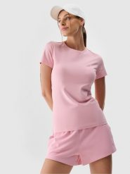 4F T-shirt slim gładki damski - różowy XS. Czerwone t-shirty 4f, xs, bez wzorów, z bawełny, bez kołnierzyka, bez ramiączek. Za 39.99 zł.