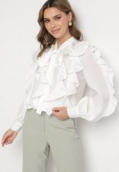 Biała Koszula z Wiskozą o Luźnym Kroju z Falbanami i Wiązaniem Ravionel. Białe koszule Born2be, m, bez wzorów, z wiskozy, eleganckie, bez kołnierzyka, bez ramiączek. W wyprzedaży za 161.49 zł.