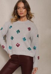 Jasnoszary Sweter z Wiskozą Zdobiony Cekinowymi Aplikacjami z Kwiatami Edalora. Szare swetry Renee, l, z aplikacjami, z jeansu, bez ramiączek. Za 79.99 zł.