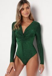 Zielone Brokatowe Body z Głębokim Dekoltem Tialeta. Zielone body Born2be, l, bez wzorów, z tkaniny. Za 89.99 zł.