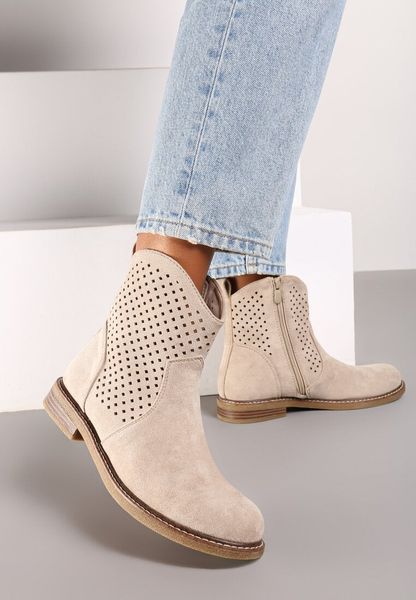 Beżowe Ażurowe Botki ze Skórzaną Wkładką Tinatalie. Brązowe botki Renee, na lato, w ażurowe wzory, z jeansu, bez obcasa, na obcasie, bez zapięcia. Za 159.99 zł.