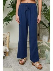 Le Monde du Lin Lniane spodnie w kolorze granatowym rozmiar: 34/36. Niebieskie spodnie materiałowe Le Monde du Lin, bez wzorów, ze lnu, z standardowym stanem. Za 121.99 zł.