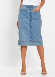 Spódnica dżinsowa z guzikami. Niebieskie spódnice bonprix, bez wzorów, eleganckie. Za 114.99 zł.
