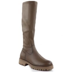 Kozaki damskie na platformie khaki Potocki 25-12729. Brązowe kozaki POTOCKI, ze skóry ekologicznej, bez obcasa, na platformie, bez zapięcia. Za 209.99 zł.