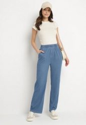 Niebieskie Szerokie Spodnie z Wiskozą Bawełną Wysokim Stanem Imitujące Jeans Caldexis. Niebieskie spodnie materiałowe Born2be, na co dzień, l, bez wzorów, z bawełny, z podwyższonym stanem. Za 69.99 zł.