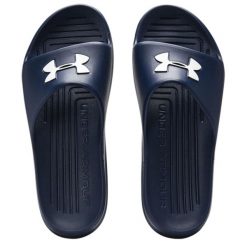 Klapki basenowe dla dorosłych Under Armour CORE PTH SL. Niebieskie klapki Under Armour, bez wzorów, ze skóry, bez obcasa. Za 69.99 zł.