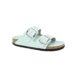 Klapki unisex Birkenstock Arizona Big Buckle. Niebieskie klapki Birkenstock, bez wzorów, z materiału, bez obcasa. Za 982.00 zł.