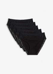 Figi maxi z koronką (5 par). Czarne figi bonprix, bez wzorów, z koronki. Za 82.99 zł.