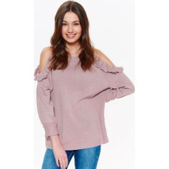 SWETER DAMSKI Z ODKRYTYMI RAMIONAMI I OZDOBNYMI FALBANKAMI. Czarne swetry TROLL, s, bez wzorów, z jeansu, bez ramiączek. W wyprzedaży za 54.99 zł.