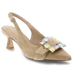 Sandały damskie Alma En Pena, cholewka ze skóry naturalnej zamszowe wykończenie spiczasty nosek, beżowe, V262203. Brązowe sandały Alma en Pena, bez wzorów, ze skóry, bez obcasa, na obcasie, bez zapięcia. Za 569.00 zł.