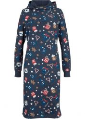 Sukienka dresowa w bożonarodzeniowe motywy. Niebieskie sukienki bonprix, z aplikacjami, z dresówki, bez kołnierzyka, bez ramiączek. Za 134.99 zł.
