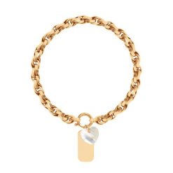 Bransoletka Łańcuch No.2 z Nieśmiertelnikiem i sercem z masy perłowej. Białe bransoletki Lilou, z perłą, pozłacane. Za 444.00 zł.