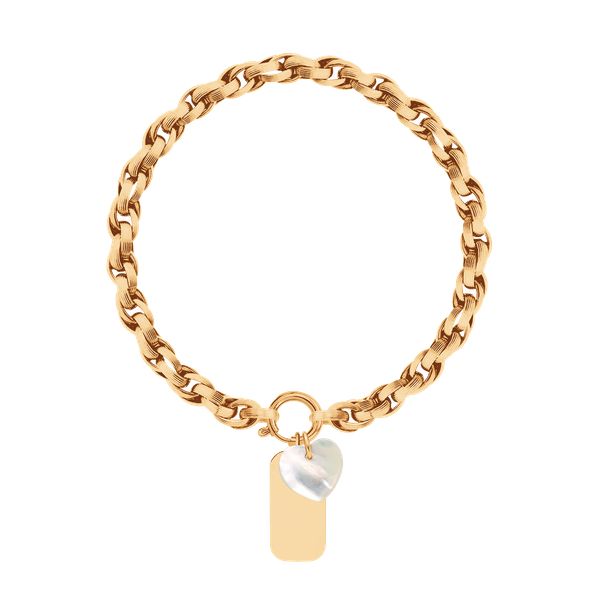 Bransoletka Łańcuch No.2 z Nieśmiertelnikiem i sercem z masy perłowej. Białe bransoletki Lilou, z perłą, pozłacane. Za 444.00 zł.