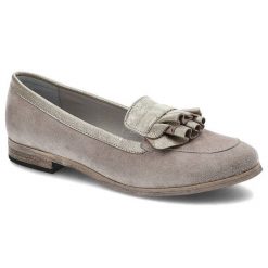 Półbuty damskie Karino, zamszowe i wsuwane, beżowo-złote, 2484-127-P. Szare półbuty wsuwane Karino, z aplikacjami, ze skóry, sportowe, bez obcasa, na obcasie, bez zapięcia. Za 209.00 zł.