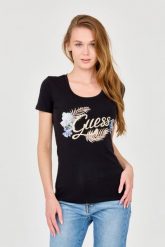 GUESS Damski czarny t-shirt ze zdobionym logo. Czarne t-shirty Guess, s, z aplikacjami, bez kołnierzyka, bez ramiączek. W wyprzedaży za 229.99 zł.