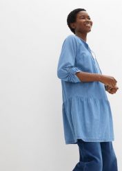 Tunika z denimu, z falbaną i długim rękawem, z bawełny organicznej. Niebieskie tuniki bonprix, bez wzorów, z bawełny, bez kołnierzyka, bez ramiączek. Za 74.99 zł.