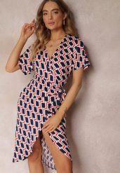 Granatowa Kopertowa Sukienka Wiązana w Pasie w Geometryczny Wzór Aphrosia. Niebieskie sukienki Renee, l, bez wzorów, bez kołnierzyka, bez ramiączek, midi, kopertowe. Za 119.99 zł.