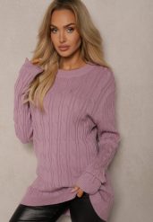 Fioletowy Sweter z Wiskozą Ozdobiony Tłoczeniem Savra. Fioletowe swetry Renee, s, bez wzorów, z jeansu, bez ramiączek. Za 64.99 zł.